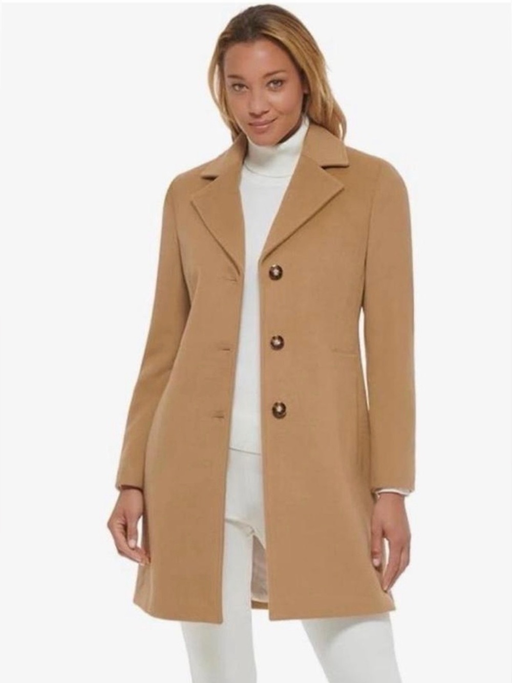 Calvin Klein Womens Camel Single-Breasted Wool-Cashmere Blend Coat